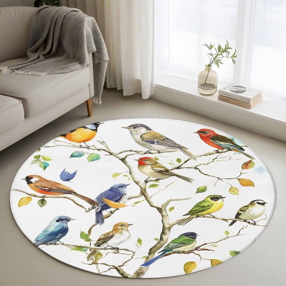 3ft Round Rug, Bird Leaf Non-Skid Rubber Backing Large Area Rugs ...
