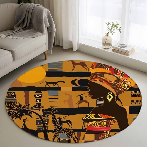 3ft Round Rug, Black African Women Non-Skid Rubber Backing Large Area Rugs - Living Room Bedroom Home Office, Boho Brown Elephant Giraffe Ethnic Indoor Floor Mat Carpets Washable Rug