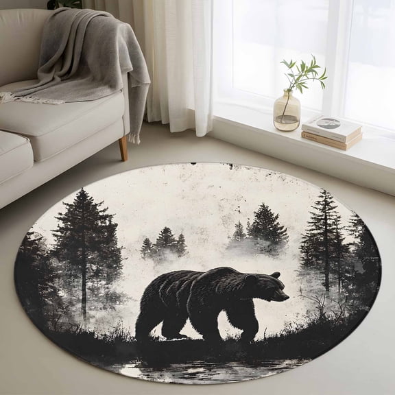 3ft Round Rug, Black Bear Non-Skid Rubber Backing Large Area Rugs - Living Room Bedroom Home Office, Farmhouse Forest Animals Vintage Indoor Floor Mat Carpets Washable Rug