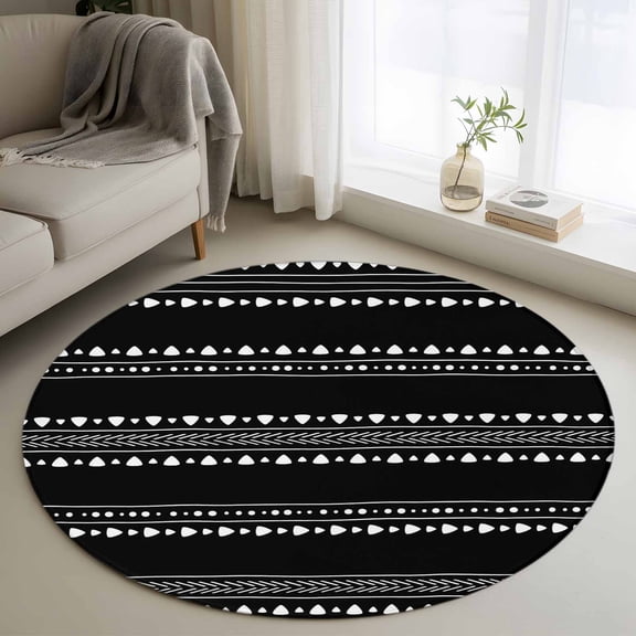 3ft Round Rug, Black Boho Geometric Non-Skid Rubber Backing Large Area Rugs - Living Room Bedroom Home Office, Abstract Art Dots Striped Indoor Floor Mat Carpets Washable Rug