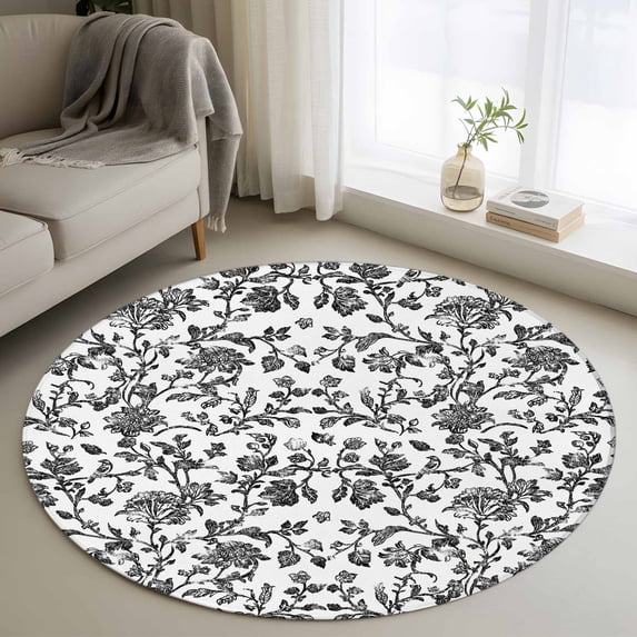 3ft Round Rug, Black Flower Non-Skid Rubber Backing Large Area Rugs - Living Room Bedroom Home Office, Vintage Farmhouse Boho Leaf Spring Plant Indoor Floor Mat Carpets Washable Rug