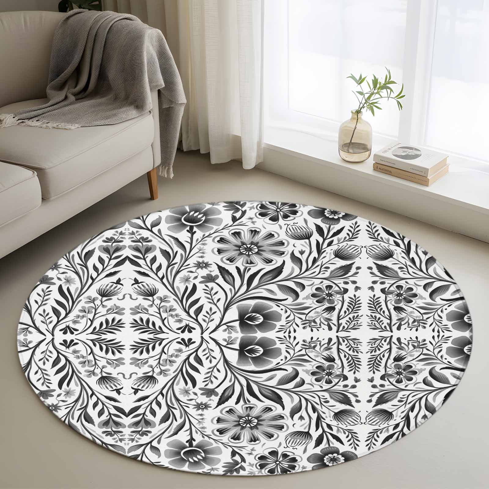 Aethics Rugs 3ft Round Rug, Black Grey Boho Non-Skid Rubber Backing Large Area Rugs ...