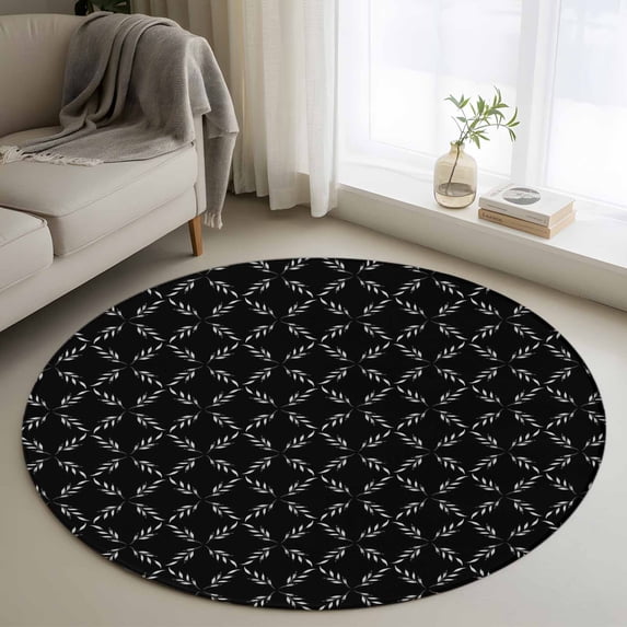 3ft Round Rug, Black Morocco Non-Skid Rubber Backing Large Area Rugs - Living Room Bedroom Home Office, Geometric Leaf Diamond Lattice Abstract Indoor Floor Mat Carpets Washable Rug