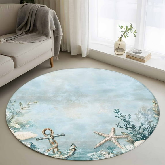 3ft Round Rug, Blue Coastal Non-Skid Rubber Backing Large Area Rugs - Living Room Bedroom Home Office, Beach Nautical Anchor Starfish Botanical Indoor Floor Mat Carpets Washable Rug