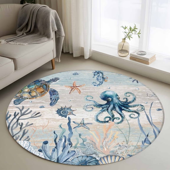 3ft Round Rug, Blue Coastal Non-Skid Rubber Backing Large Area Rugs - Living Room Bedroom Home Office, Sea Turtle Octopus Coral Beach Nautical Indoor Floor Mat Carpets Washable Rug