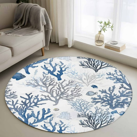 3ft Round Rug, Blue Coastal Non-Skid Rubber Backing Large Area Rugs - Living Room Bedroom Home Office, Summer Nautical Ocean Beach Coral Fish Indoor Floor Mat Carpets Washable Rug
