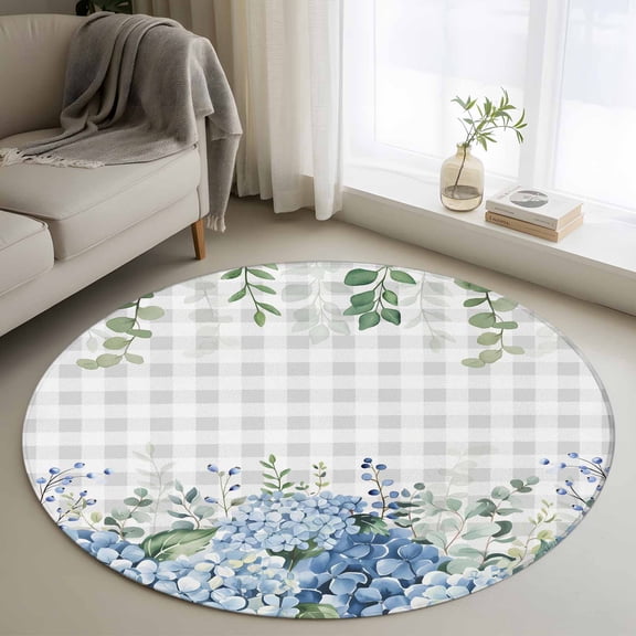 3ft Round Rug, Blue Flower Non-Skid Rubber Backing Large Area Rugs - Living Room Bedroom Home Office, Grey Plaid Hydrangeas Eucalyptus Leaves Indoor Floor Mat Carpets Washable Rug