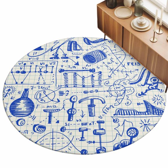 3ft Round Rug Blue Physics Area Rugs for Living Room Bedroom Washable Non Slip Circle Rug Low Pile Model Laboratory Formula Equations Plaid Indoor Floor Carpet for Kitchen Entryway Office Dining Room