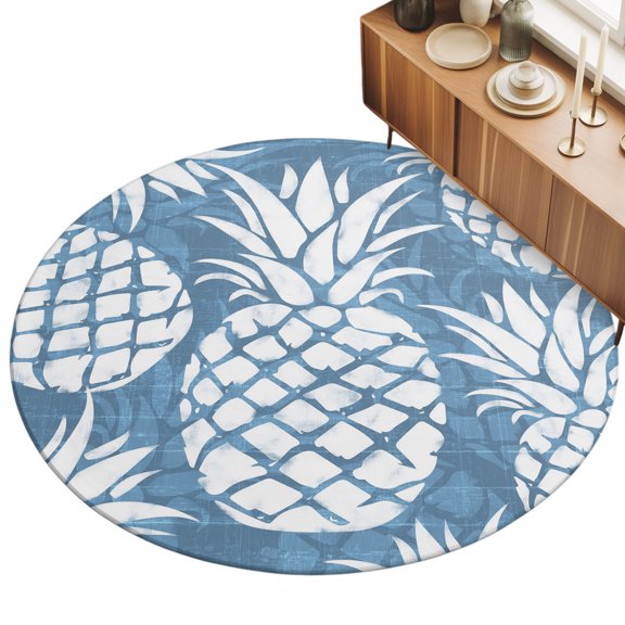 3ft Round Rug Blue Pineapple Area Rugs for Living Room Bedroom Washable Non Slip Circle Rug Low Pile Tropical Summer Botanical Fruits Indoor Floor Carpet for Kitchen Entryway Office Dining Room Home