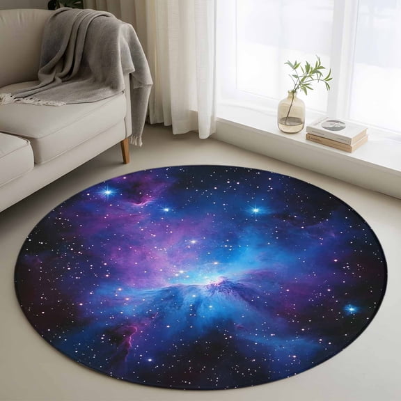 3ft Round Rug, Blue Purple Clouds Non-Skid Rubber Backing Large Area Rugs - Living Room Bedroom Home Office, Modern Abstract Stars Sky Indoor Floor Mat Carpets Washable Rug