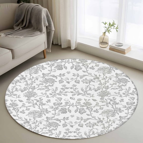 3ft Round Rug, Boho Gray Flower Non-Skid Rubber Backing Large Area Rugs - Living Room Bedroom Home Office, Vintage Farmhouse Leaf Spring Plant Indoor Floor Mat Carpets Washable Rug