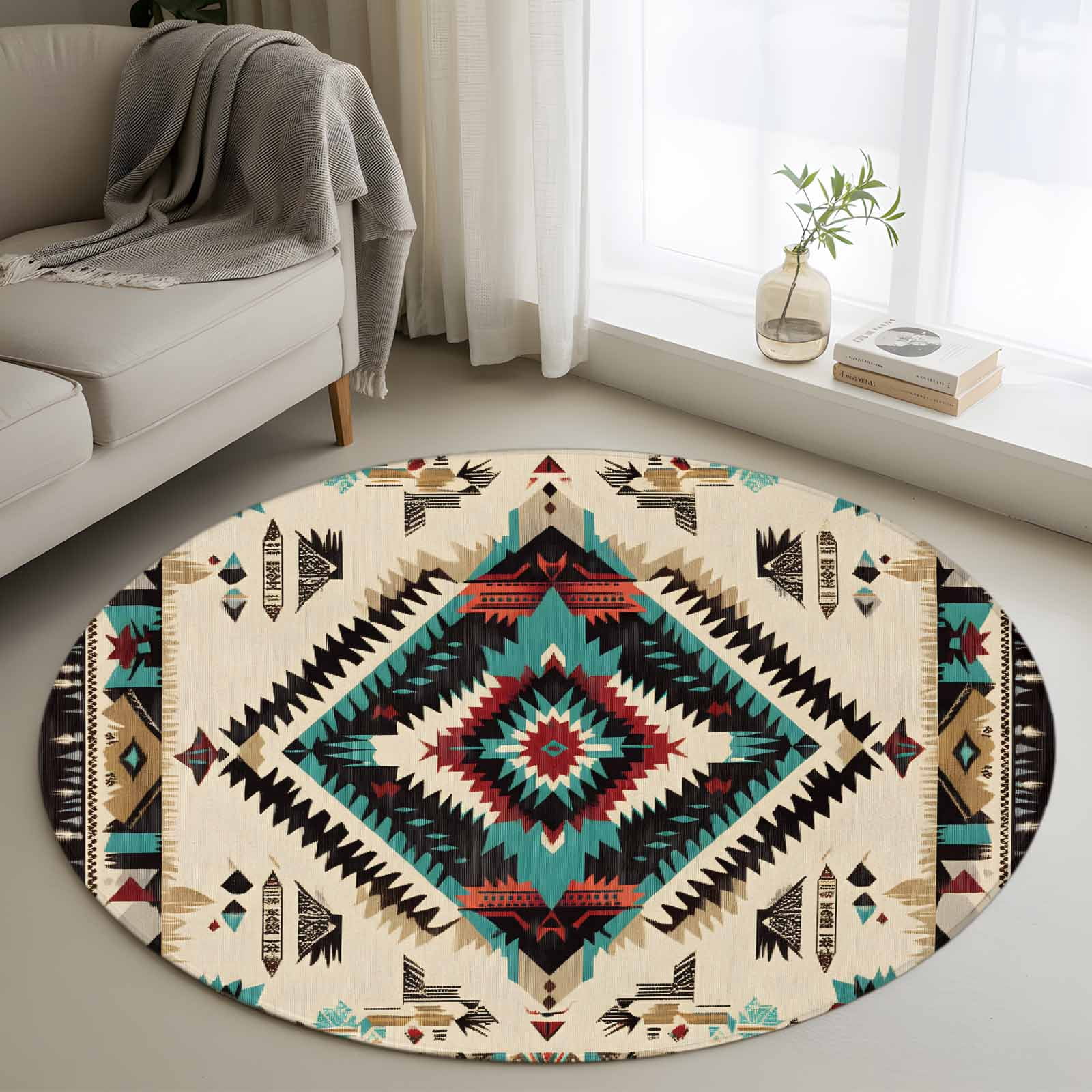 3ft Round Rug, Boho Red Teal Brown Non-Skid Rubber Backing Large Area ...
