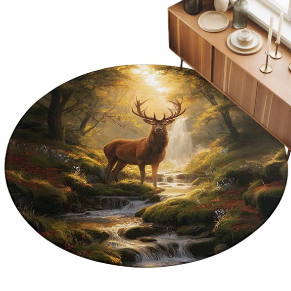 3ft Round Rug Brown Deer Area Rugs for Living Room Bedroom Washable Non Slip Circle Rug Low Pile Soft Forest Modern Art Animals Trees Indoor Floor Carpet for Kitchen Entryway Office Dining Room Home
