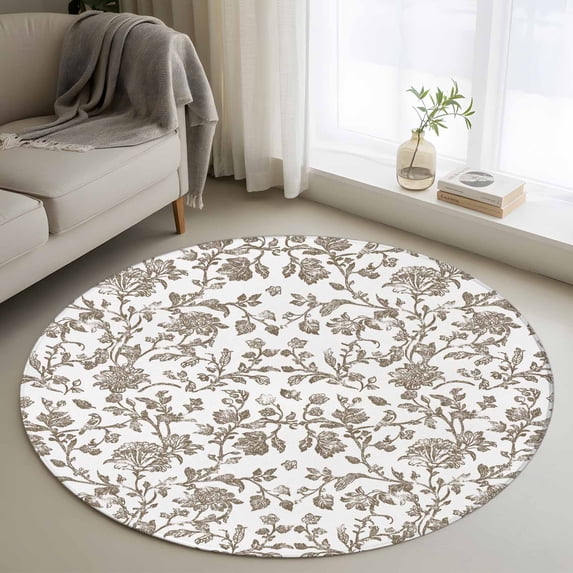 3ft Round Rug, Brown Flower Non-Skid Rubber Backing Large Area Rugs - Living Room Bedroom Home Office, Vintage Farmhouse Boho Leaf Spring Plant Indoor Floor Mat Carpets Washable Rug