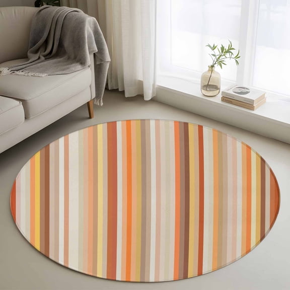 3ft Round Rug, Burnt Orange Striped Non-Skid Rubber Backing Large Area Rugs - Living Room Bedroom Home Office, Farmhouse Orange Ombre Stripes Indoor Floor Mat Carpets Washable Rug