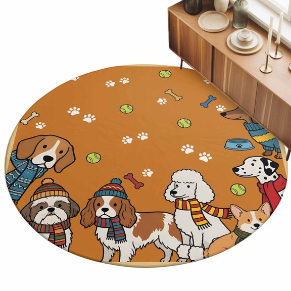 3ft Round Rug Cartoon Dogs Area Rugs for Living Room Bedroom Washable Non Slip Circle Rug Orange Cute Animals Dogs Paws Prints Indoor Floor Carpet for Kitchen Entryway Office Dining Room Home