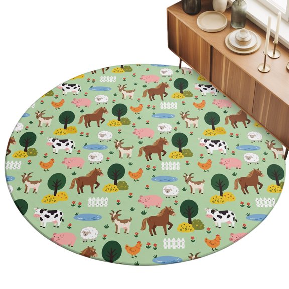 3ft Round Rug Cartoon Farm Area Rugs for Living Room Bedroom Washable Non Slip Circle Rug Funny Cow Horse Sheep Pig Chicken Trees Indoor Floor Carpet for Kitchen Entryway Office Dining Room Home