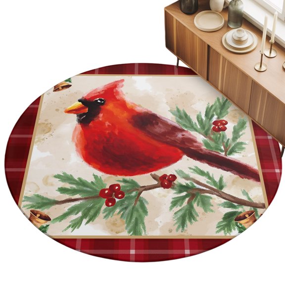 3ft Round Rug Christmas Cardinal Area Rugs for Living Room Bedroom Washable Non Slip Circle Rug Winter Red Bird Vintage Xmas Berry Leaf Indoor Floor Carpet for Kitchen Entryway Office Dining Room