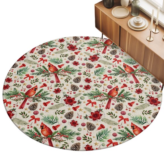 3ft Round Rug Christmas Cardinal Area Rugs for Living Room Bedroom Washable Non Slip Circle Rug Xmas Winter Flower Bow Pine Fruits Beige Indoor Floor Carpet for Kitchen Entryway Office Dining Room