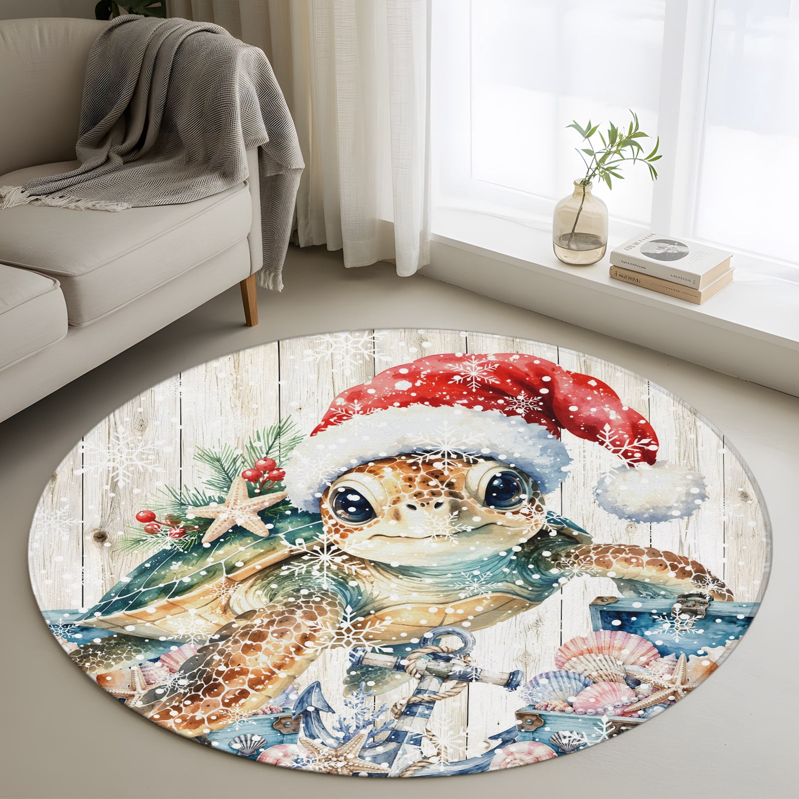 Turtle Outside Rugs 3ft Round Rug, Christmas Sea Turtle Non-Skid Rubber Backing Large Area ...