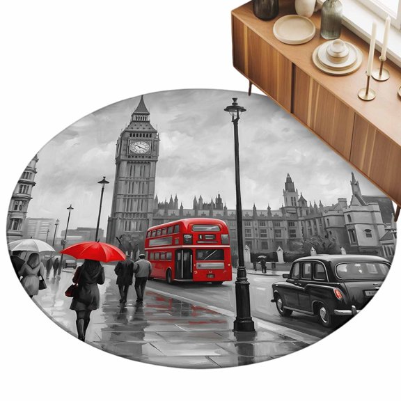 3ft Round Rug City Street Area Rugs for Living Room Bedroom Washable Non Slip Circle Rug Big Ben London River Bus Bridge Rainy Day Indoor Floor Carpet for Kitchen Entryway Office Dining Room Home