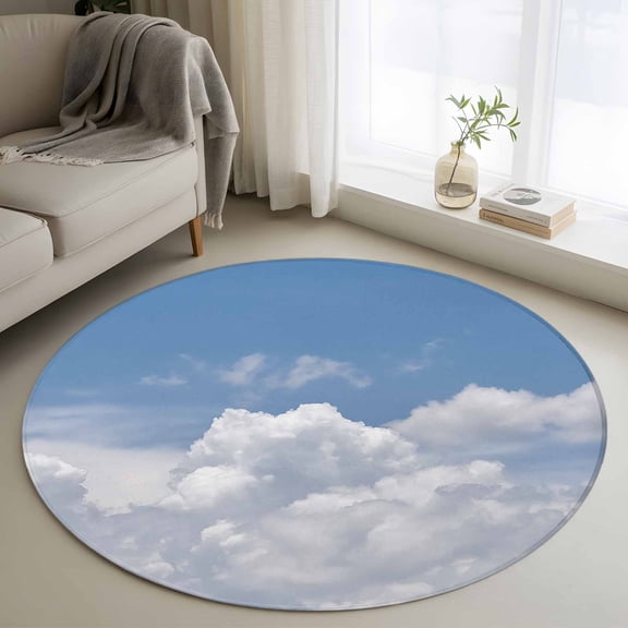 3ft Round Rug, Clouds Non-Skid Rubber Backing Large Area Rugs - Living Room Bedroom Home Office, Blue White Sky Natural Landscape Indoor Floor Mat Carpets Washable Rug