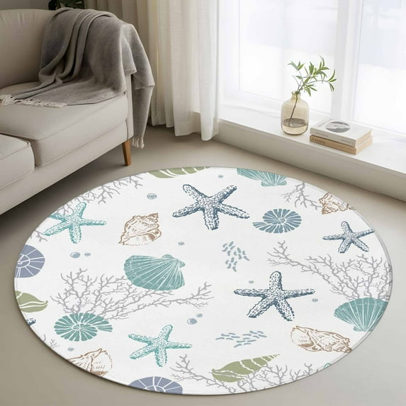 3ft Round Rug, Coastal Starfish Non-Skid Rubber Backing Large Area Rugs - Living Room Bedroom Home Office, Ocean Coral Shell Beach Marine Life Indoor Floor Mat Carpets Washable Rug