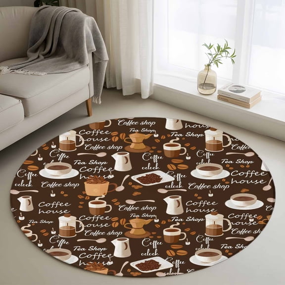 3ft Round Rug, Coffee Non-Skid Rubber Backing Large Area Rugs - Living Room Bedroom Home Office, Brown Retro Coffee Theme Beans Latte Tea Cup Indoor Floor Mat Carpets Washable Rug
