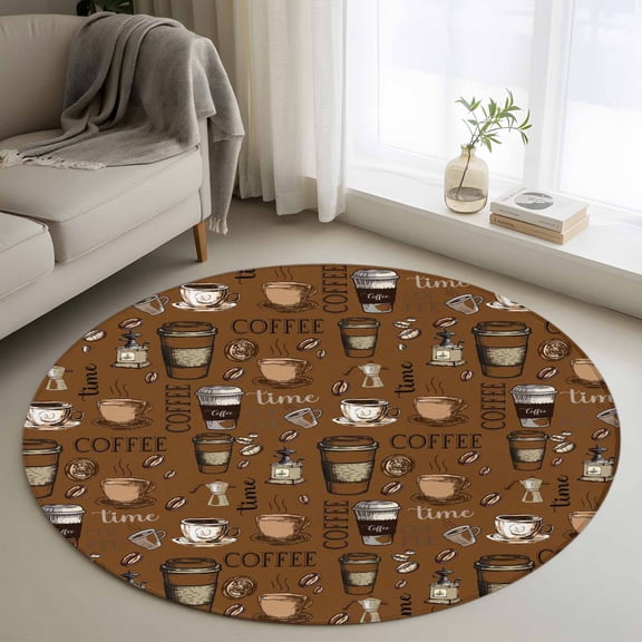 3ft Round Rug, Coffee Theme Non-Skid Rubber Backing Large Area Rugs - Living Room Bedroom Home Office, Funny Brown Vintage Beans Latte Tea Cup Indoor Floor Mat Carpets Washable Rug