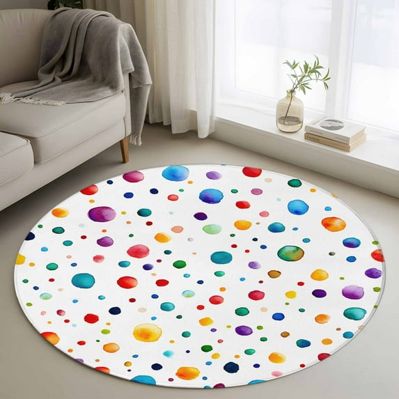3ft Round Rug, Colorful Polka Dot Non-Skid Rubber Backing Large Area Rugs - Living Room Bedroom Home Office, Rainbow Color Polka Dots Abstract Indoor Floor Mat Carpets Washable Rug
