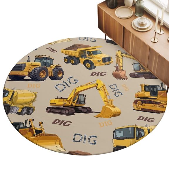 3ft Round Rug Construction Truck Area Rugs for Living Room Bedroom Washable Non Slip Circle Rug Low Pile Cartoon Grips and Bulldozers Beige Indoor Floor Carpet for Kitchen Entryway Office Dining Room