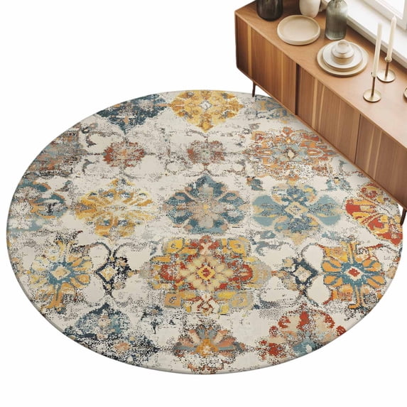 3ft Round Rug Farmhouse Morocco Area Rugs for Living Room Bedroom Washable Non Slip Circle Rug Low Pile Boho Abstract Shabby Texture Art Indoor Floor Carpet for Kitchen Entryway Office Dining Room