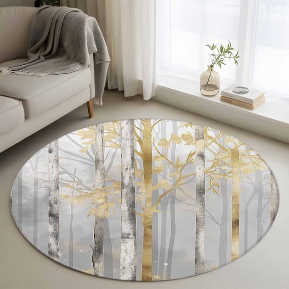 3Ft Round Rug, Golden Grey Tree Non-Skid Rubber Backing Large Area Rugs - Living Room Bedroom Home Office, Oil Painting Forest Abstract Art Indoor Floor Mat Carpets Washable Rug