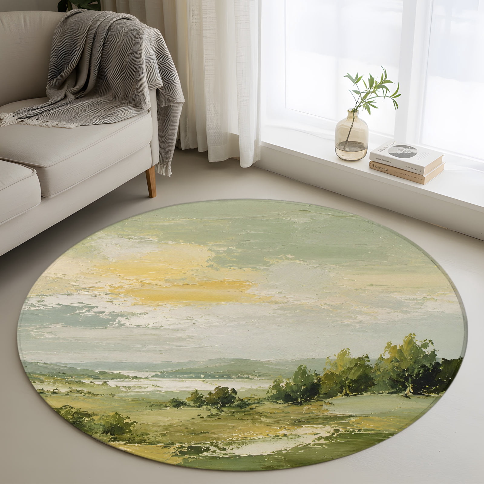Green Rug Retro 3ft Round Rug, Green Country Non-Skid Rubber Backing Large Area Rugs ...