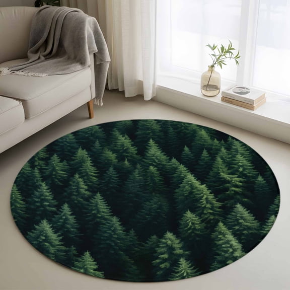 3ft Round Rug, Green Forest Non-Skid Rubber Backing Large Area Rugs - Living Room Bedroom Home Office, Modern Pine Trees Mysterious Art Indoor Floor Mat Carpets Washable Rug