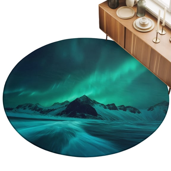 3ft Round Rug Green Light Mountain Area Rugs for Living Room Bedroom Washable Non Slip Circle Rug Winter Snowy Natural Scenery Indoor Floor Carpet for Kitchen Entryway Office Dining Room Home