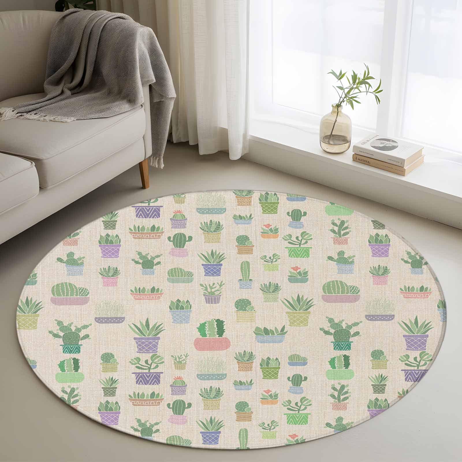 3ft Round Rug, Green Succulents Cactus Non-Skid Rubber Backing Large ...