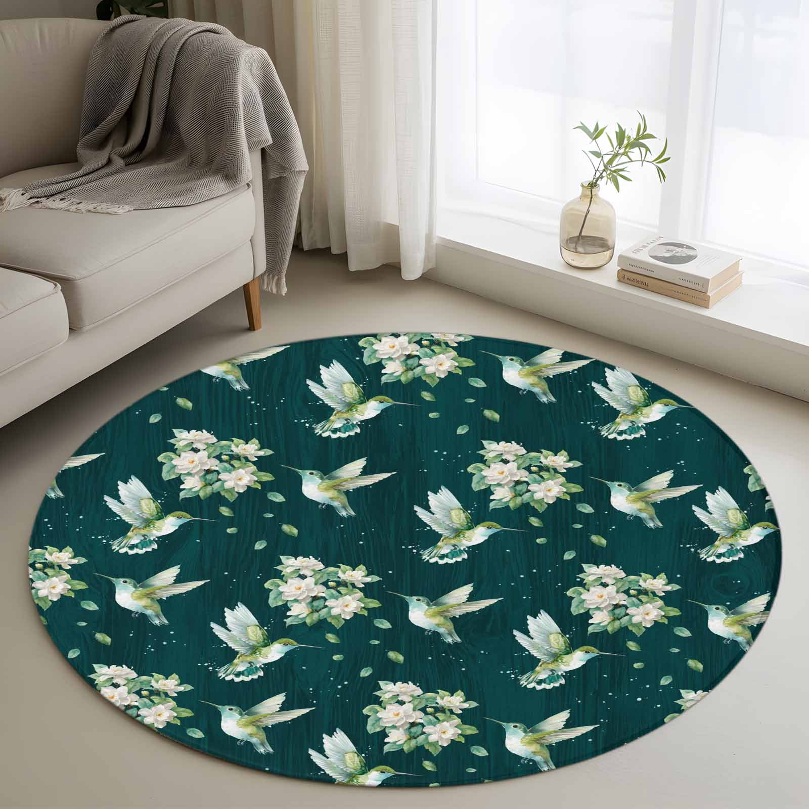 Rubber Back Area Rug 3ft Round Rug, Green Summer Botanical Non-Skid Rubber Backing Large ...