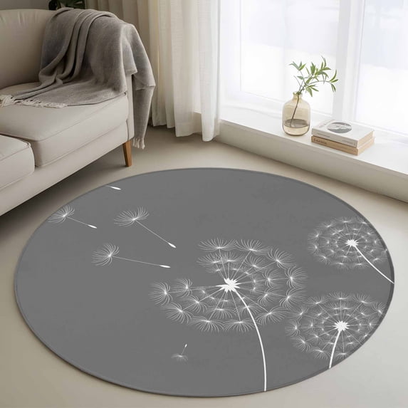 3ft Round Rug, Grey Dandelion Non-Skid Rubber Backing Large Area Rugs - Living Room Bedroom Home Office, Abstract Art Simple Floral Indoor Floor Mat Carpets Washable Rug