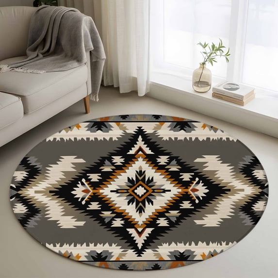 3ft Round Rug, Grey Orange Black Non-Skid Rubber Backing Large Area Rugs - Living Room Bedroom Home Office, Boho Ethnic Geometric Southwestern Indoor Floor Mat Carpets Washable Rug