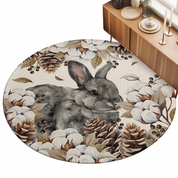 3ft Round Rug Grey Rabbits Area Rugs for Living Room Bedroom Washable ...