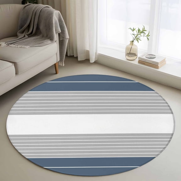 3ft Round Rug, Haze Blue Grey Stripe Non-Skid Rubber Backing Large Area Rugs - Living Room Bedroom Home Office, Modern Art Horizontal Striped Indoor Floor Mat Carpets Washable Rug