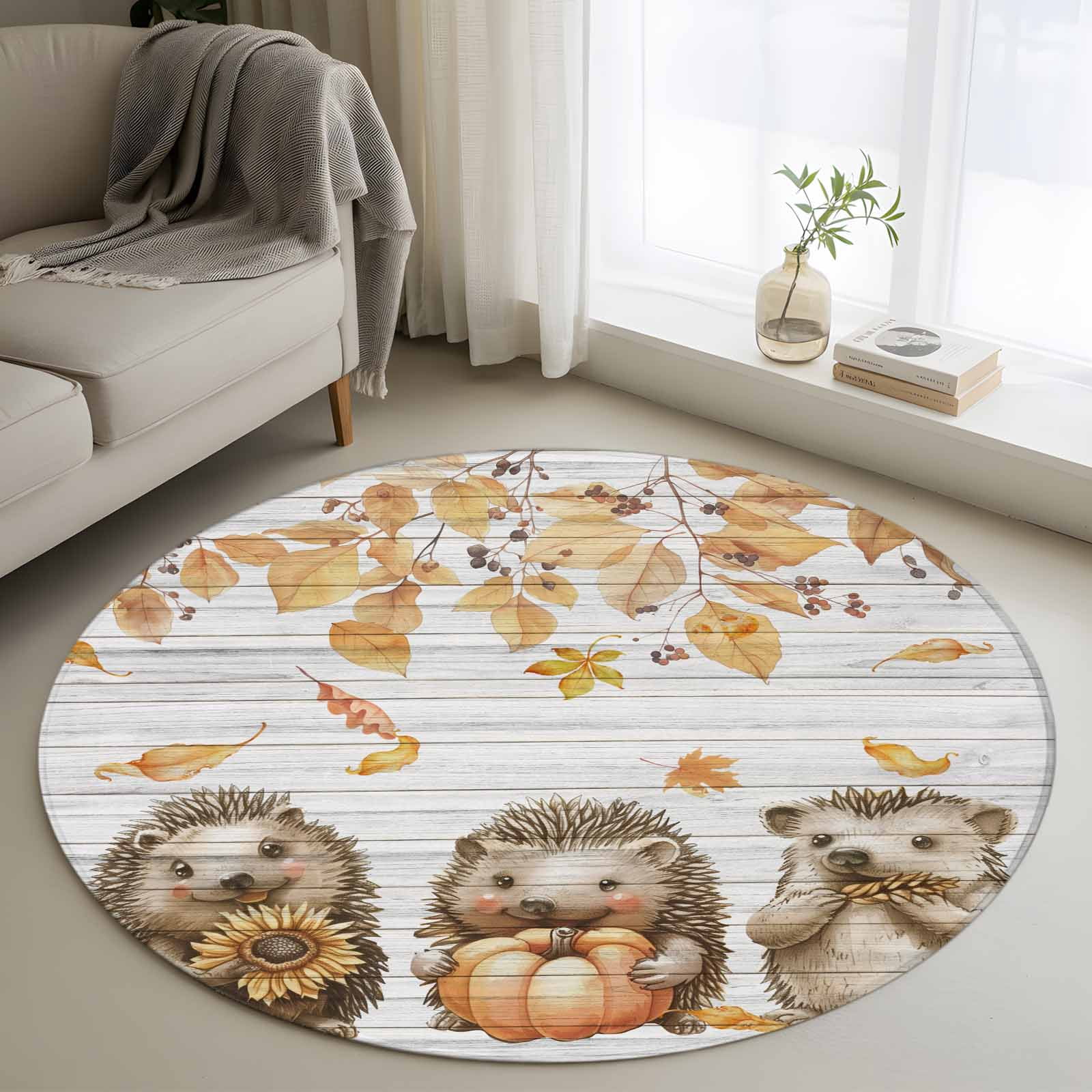 Hedgehog Rug 3ft Round Rug, Hedgehog Fall Non-Skid Rubber Backing Large Area Rugs ...