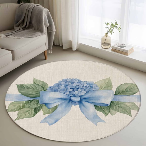 3ft Round Rug, Hydrangea Flower Non-Skid Rubber Backing Large Area Rugs - Living Room Bedroom Home Office, Pastoral Blue Bow Floral Spring Lraf Indoor Floor Mat Carpets Washable Rug