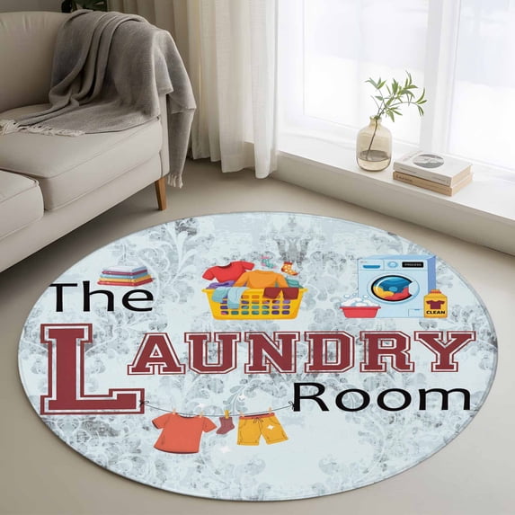 3ft Round Rug, Laundry Room Non-Skid Rubber Backing Large Area Rugs - Living Room Bedroom Home Office, Blue Cartoon Washing Machine Clothes Indoor Floor Mat Carpets Washable Rug