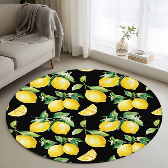 3ft Round Rug, Lemon Black Non-Skid Rubber Backing Large Area Rugs - Living Room Bedroom Home Office, Country Fruit Watercolor Farmhouse Plant Indoor Floor Mat Carpets Washable Rug