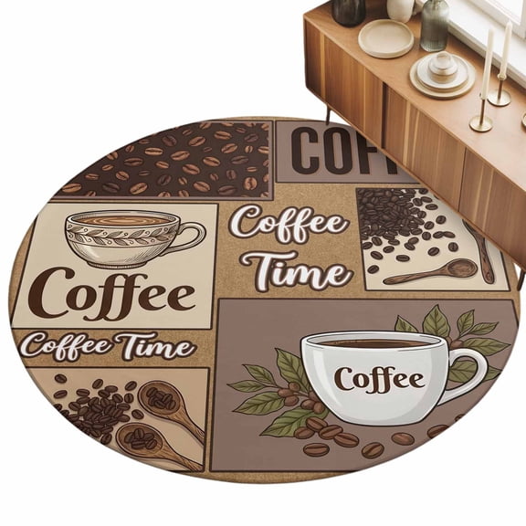 3ft Round Rug Light Brown Coffee Time Area Rugs for Living Room Bedroom Washable Non Slip Circle Rug Vintige Farmhouse Coffee Beans Indoor Floor Carpet for Kitchen Entryway Office Dining Room Home