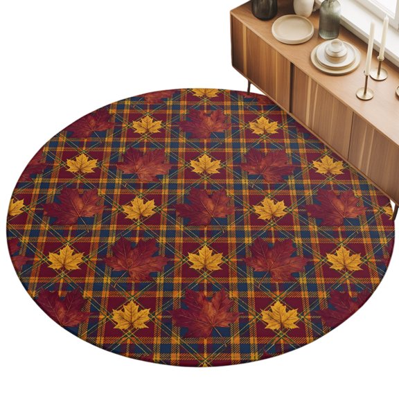 3ft Round Rug Maple Leaves Area Rugs for Living Room Bedroom Washable Non Slip Circle Rug Autumn Country Botanical Leaf Buffalo Plaid Indoor Floor Carpet for Kitchen Entryway Office Dining Room Home