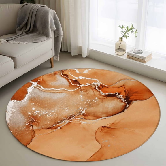 3ft Round Rug, Marble Burnt Orange Non-Skid Rubber Backing Large Area Rugs - Living Room Bedroom Home Office, Modern Abstract Ink Painting Luxury Indoor Floor Mat Carpets Washable Rug