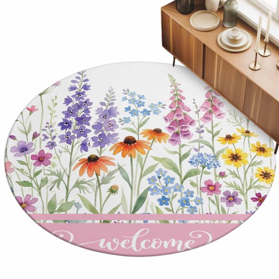 3ft Round Rug Meadow Wildflowers Area Rugs for Living Room Bedroom Washable Non Slip Circle Rug Farmhouse Floral Botanical Blossom Indoor Floor Carpet for Kitchen Entryway Office Dining Room Home